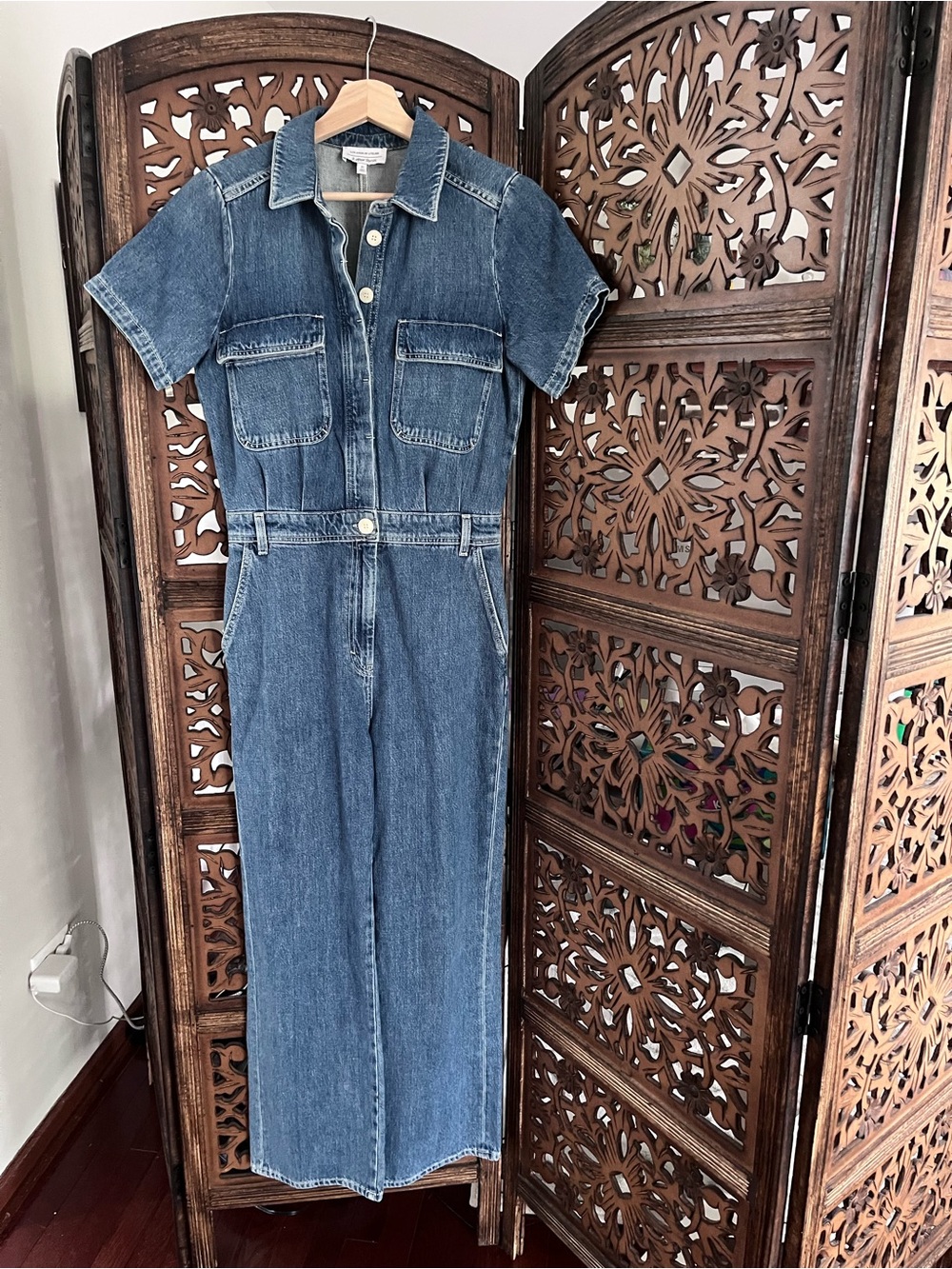 & Other Stories Denim Jumpsuit Blue Wide Leg Short Sleeve Utility US 4 Cotton